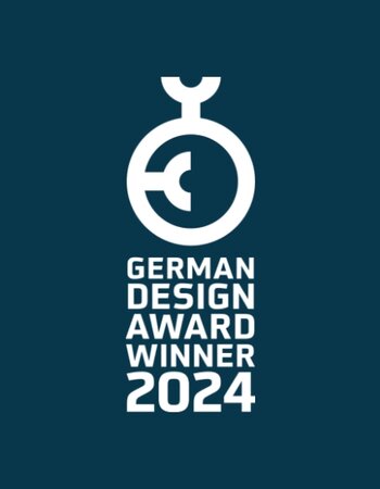 Logo “German Design Award Winner 2024” in white on a dark blue background