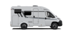 Carado motorhome in side view, white semi-integrated motorhome with door, windows and awning rail