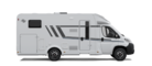 Carado motorhome in side view, white semi-integrated motorhome with entrance door, windows and storage hatches