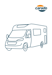 Linear illustration of a Carado motorhome in front three-quarter view, with an overcab body and side door