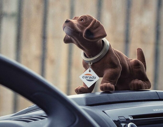 Brown dog figurine with a Carado pendant on the dashboard of a motorhome