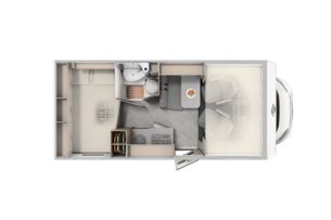 Carado motorhome layout with rear bed, bathroom, dinette and kitchen in top view
