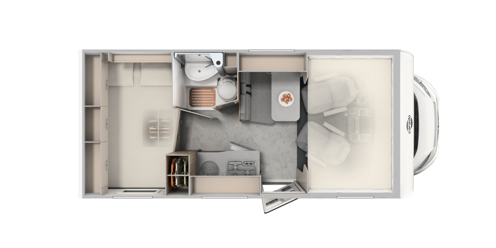 Carado motorhome layout with rear bed, bathroom, dinette and kitchen in top view