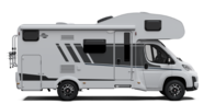 Carado alcove motorhome, side view of a white camper with door, windows and awning