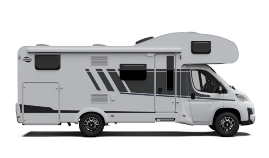 Carado Wohnmobil mit Alkoven, Seitenansicht in Weiß mit Einstiegstür und seitlichen Fenstern