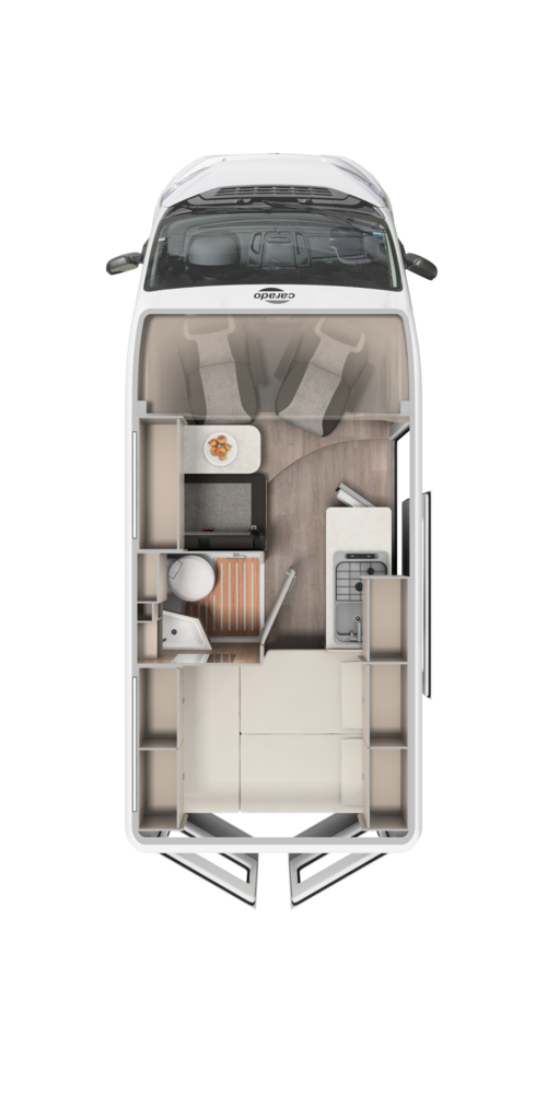 Carado motorhome floor plan with rear bed, bathroom, kitchen unit and dinette in top view