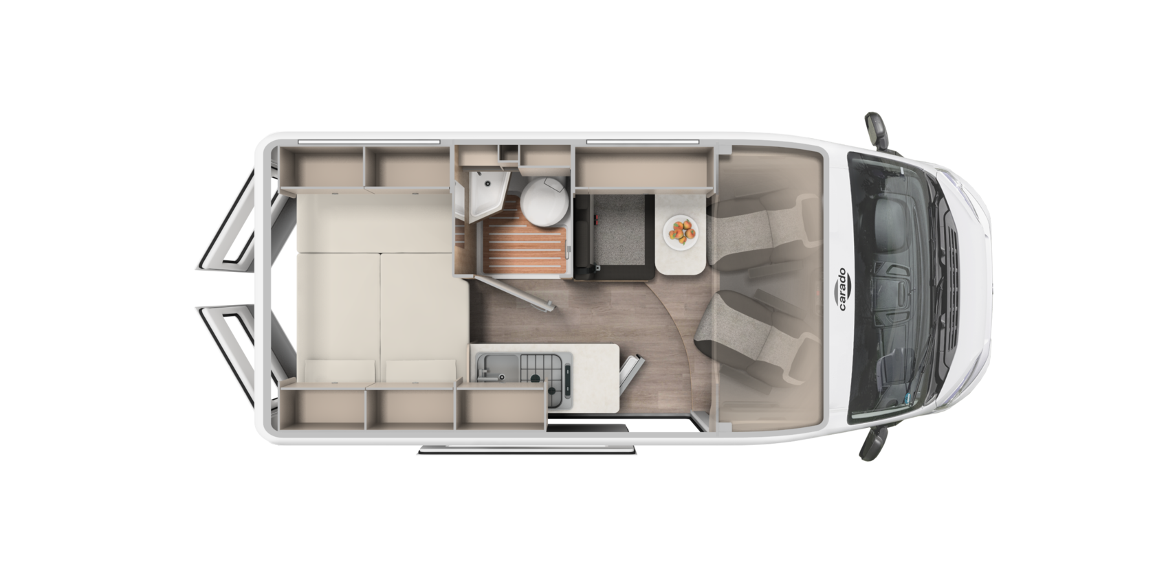 Carado motorhome floor plan with rear bed, bathroom, kitchen unit and dinette in top view