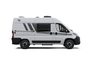 White side view of a Carado motorhome with sliding door, window and black decorative film