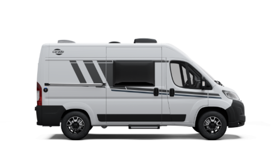 White side view of a Carado motorhome with sliding door, window and black decorative film