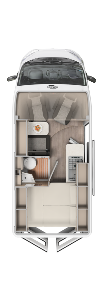 Vue de dessus du plan du camping-car Carado avec salon, cuisine, salle de bains et lit à l’arrière
