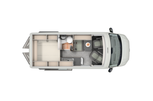 Floor plan of a Carado motorhome with rear bed, bathroom, seating area and kitchenette, viewed from above
