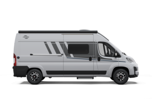 Carado campervan in side view, silver-grey, with sliding door, side window and awning