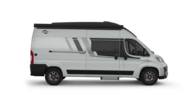 Carado motorhome as a white camper van in side view, with sliding door, side window and black pop-up roof