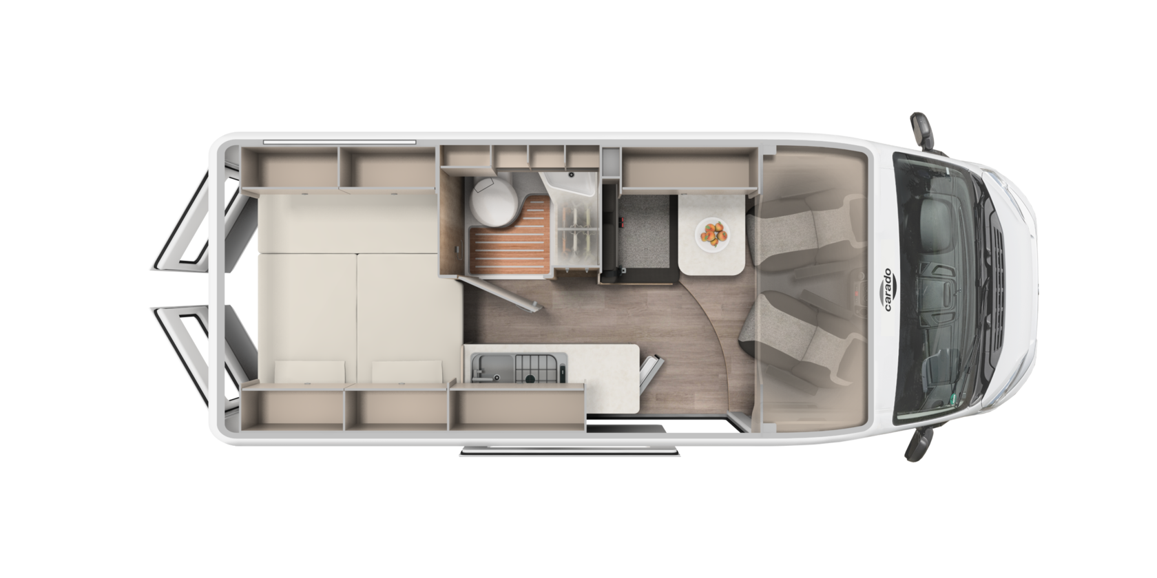 Carado motorhome layout with double bed, bathroom, kitchen and dinette, seen from above