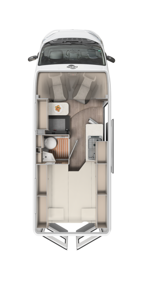 Top view of Carado motorhome floor plan with rear bed, seating area, kitchen and bathroom
