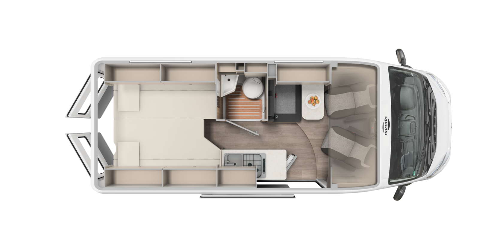 Top view of Carado motorhome floor plan with rear bed, seating area, kitchen and bathroom