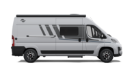 Carado motorhome camper van in side view, silver panel van with sliding door, side window and awning