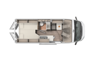 Carado motorhome floor plan with rear bed, bathroom, kitchen and dinette seen from above