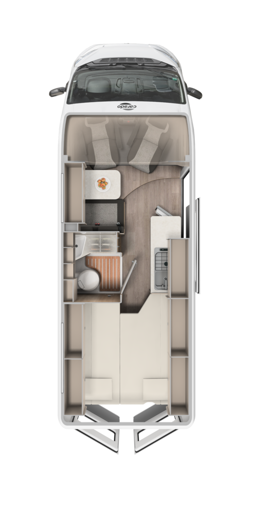 Grundriss Carado Wohnmobil mit Heckbett, Bad, Küche und Sitzgruppe in Draufsicht