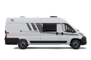 White Carado camper van seen from the side, with sliding door, side window and black decorative stripes