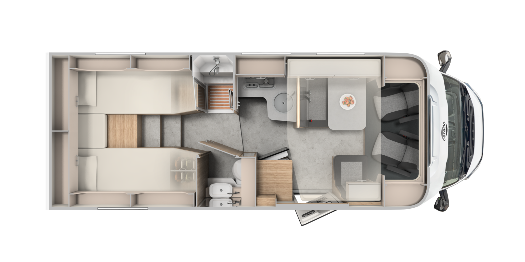 Carado motorhome floor plan with twin beds, lounge area, kitchen and bathroom in top view