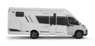 White Carado motorhome, side view with habitation door, windows and awning, isolated