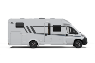 White side view of a Carado motorhome with entry door, windows and decorative striping on a cut-out background