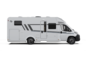 White side view of a Carado motorhome with entry door, windows and decorative striping on a cut-out background