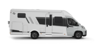 Carado motorhome in side view, white semi-integrated motorhome isolated