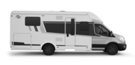 Carado motorhome in side view, white and grey semi-integrated vehicle shown on a cut-out background