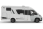Carado motorhome in side view, white semi-integrated motorhome isolated on a black background