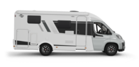 Carado motorhome in side view, white semi-integrated motorhome isolated on a black background