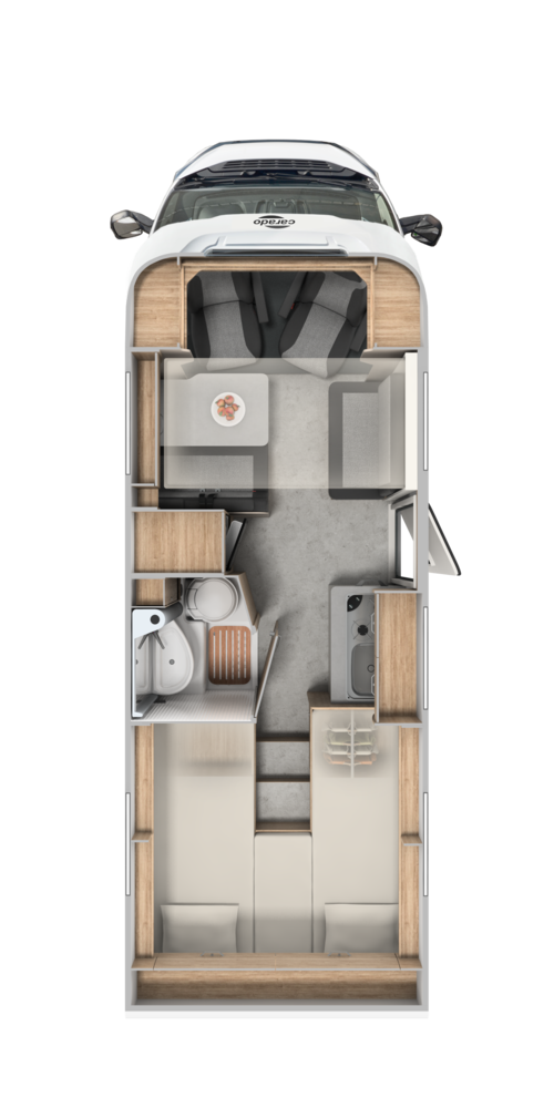Carado motorhome floor plan with single beds, bathroom, kitchen and dinette from above