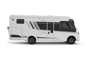 Carado motorhome, side view of a white integrated motorhome on a transparent background