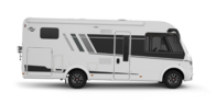 Carado motorhome, side view of a white integrated motorhome on a transparent background
