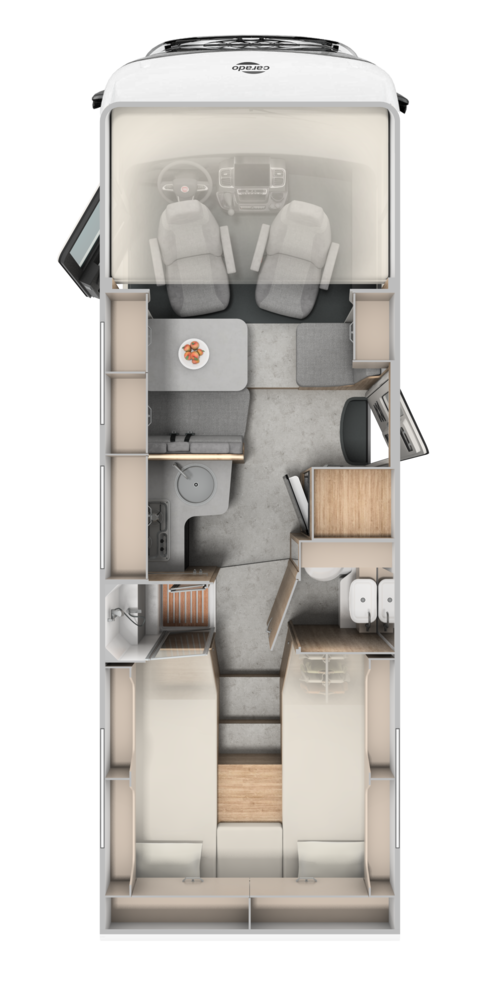 Top view of a Carado motorhome floor plan with rear bed, bathroom, kitchen and dinette