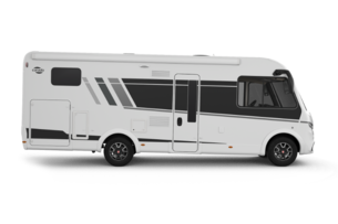 Carado motorhome, side view of a white integrated motorhome on a cut-out background