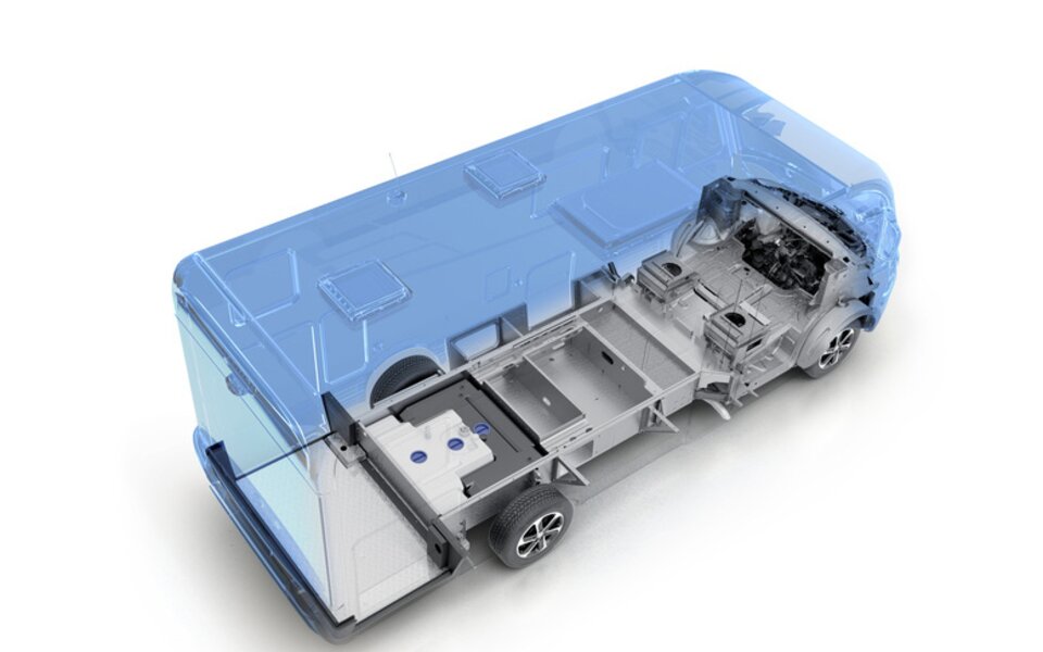 Structure of the HYMER motorhome with a super lightweight chassis with a double floor in 3-D optics