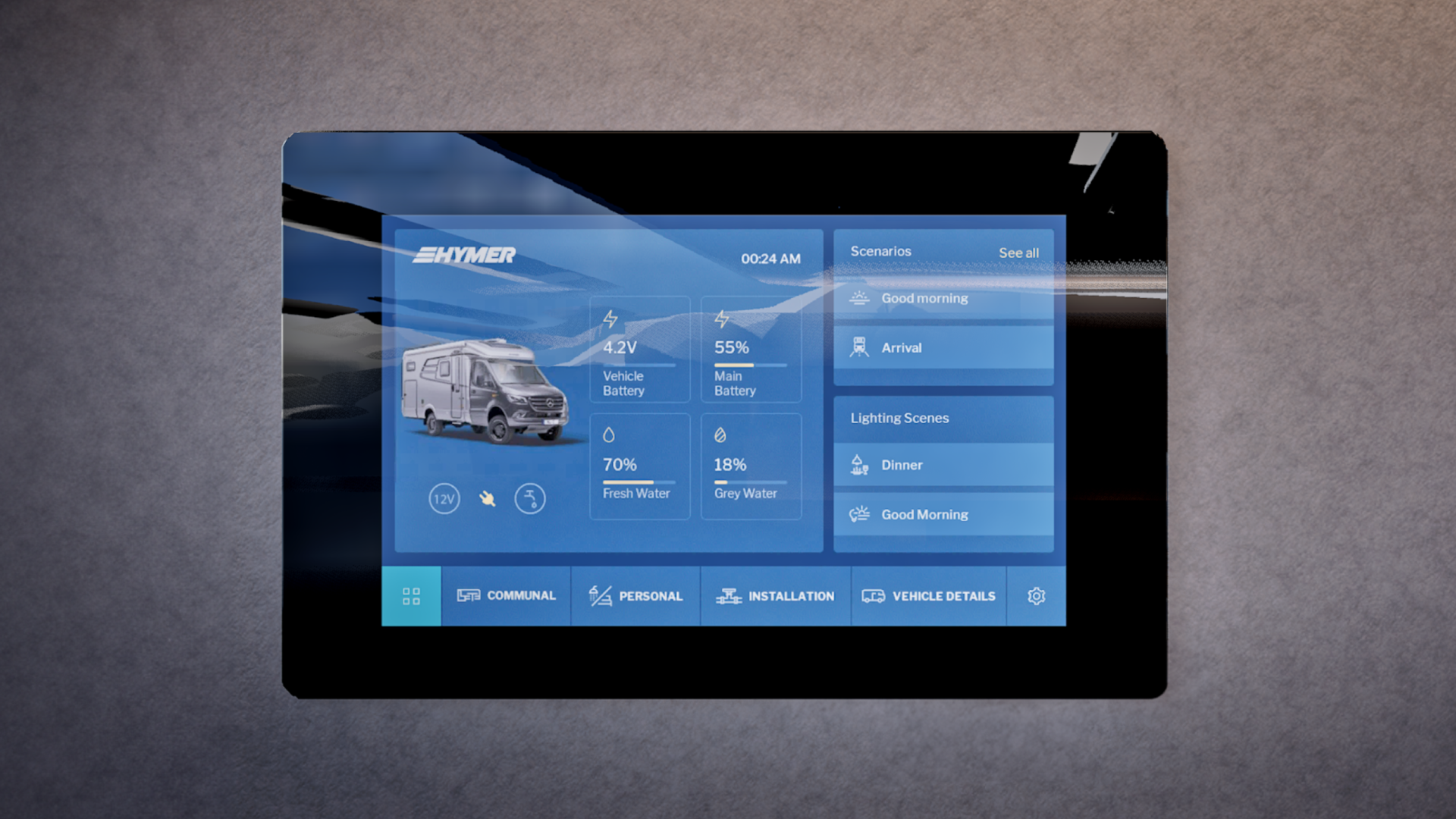 The HYMER Connect display inside the HYMER ML-T provides an overview and control of all relevant vehicle information and settings.
