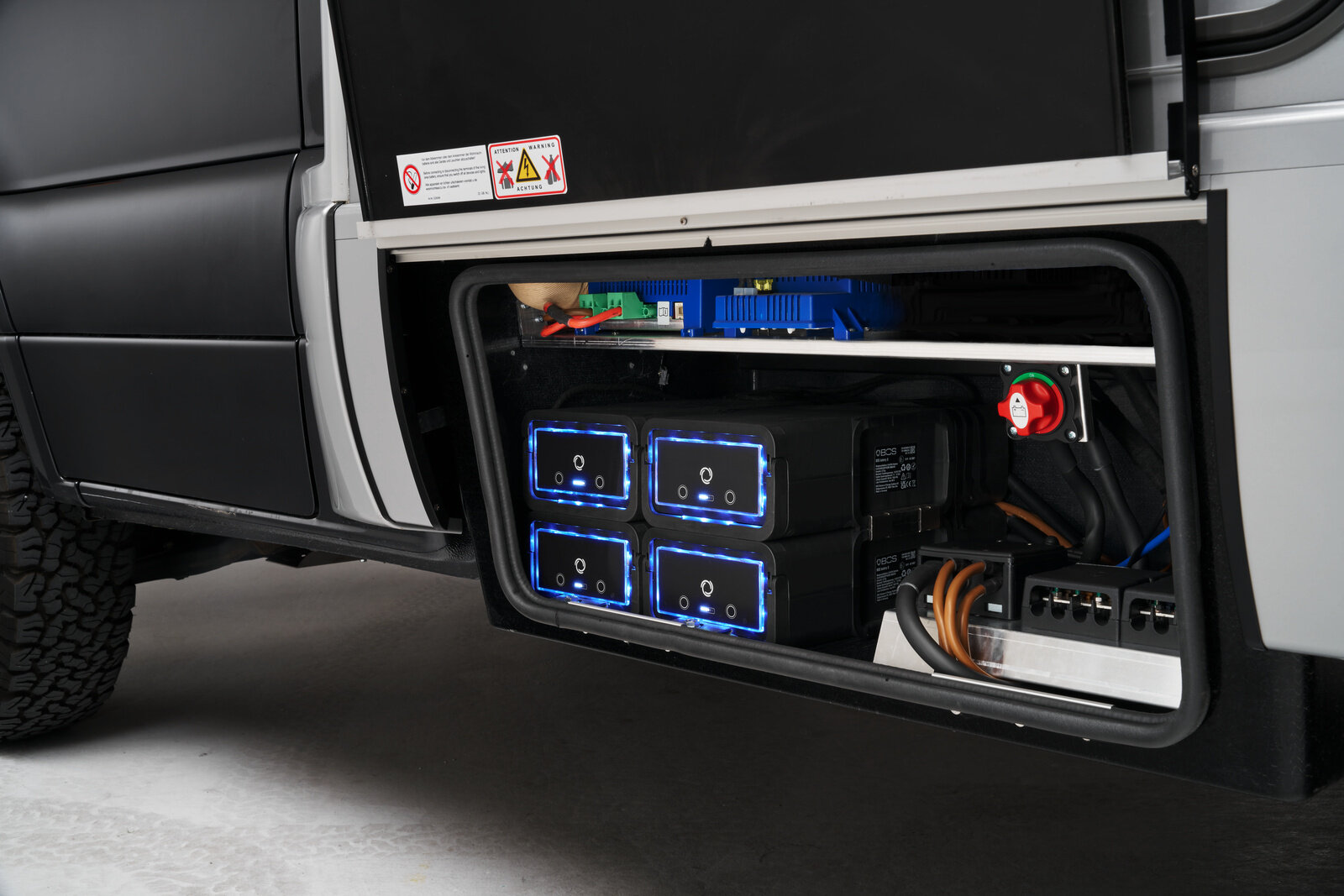 A battery system block from BOS consisting of four LiFePo4 lithium batteries.