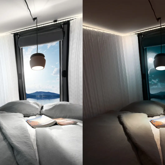A split-screen view of the Instant Loft in the HYMER Venture S with a pendant light on the ceiling during day and night.
