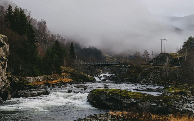 Udsigt over en flod, en vejbro og tåge i baggrunden