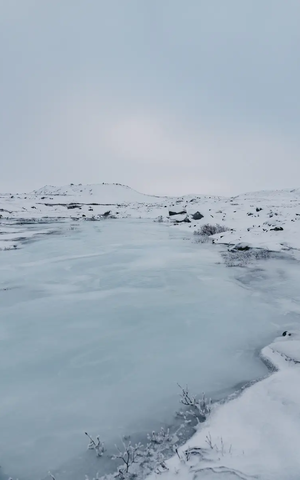 Frosset sø i vinterligt sneklædt landskab