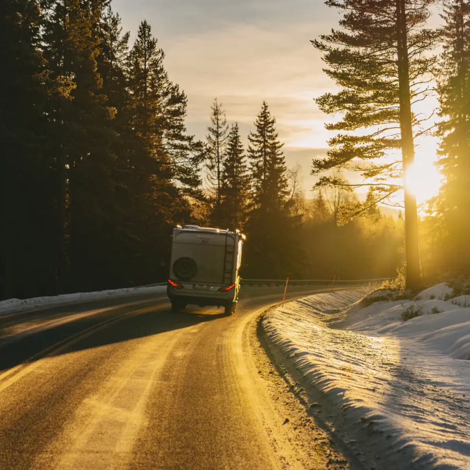 HYMER ML-T 570 CrossOver kører i en skov mod solnedgangen