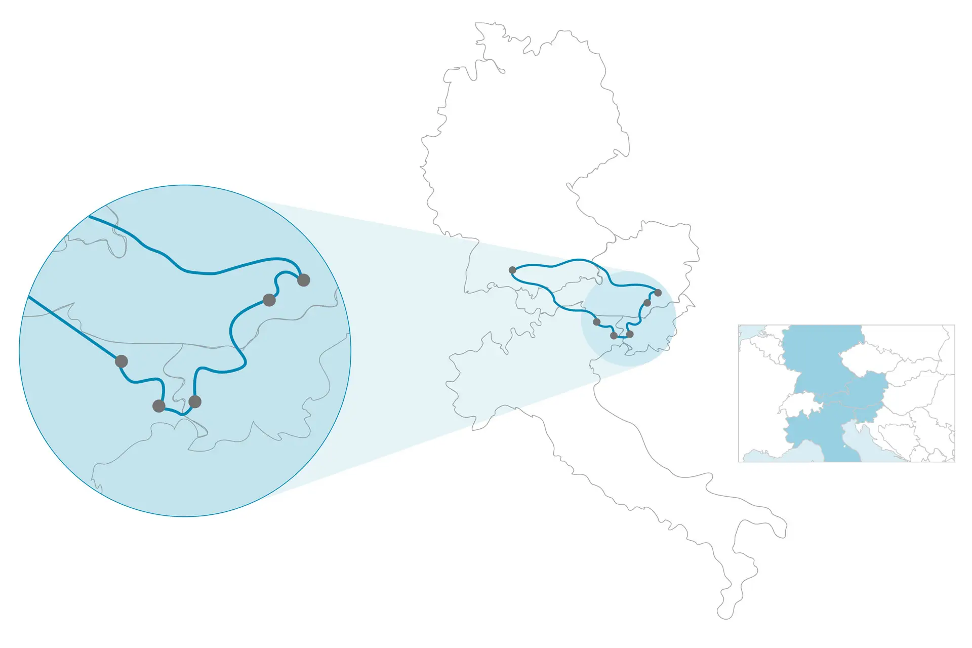 Reiseskizze, die mit Spots und Verbindungslinien eine Reiseroute in Norwegen darstellt