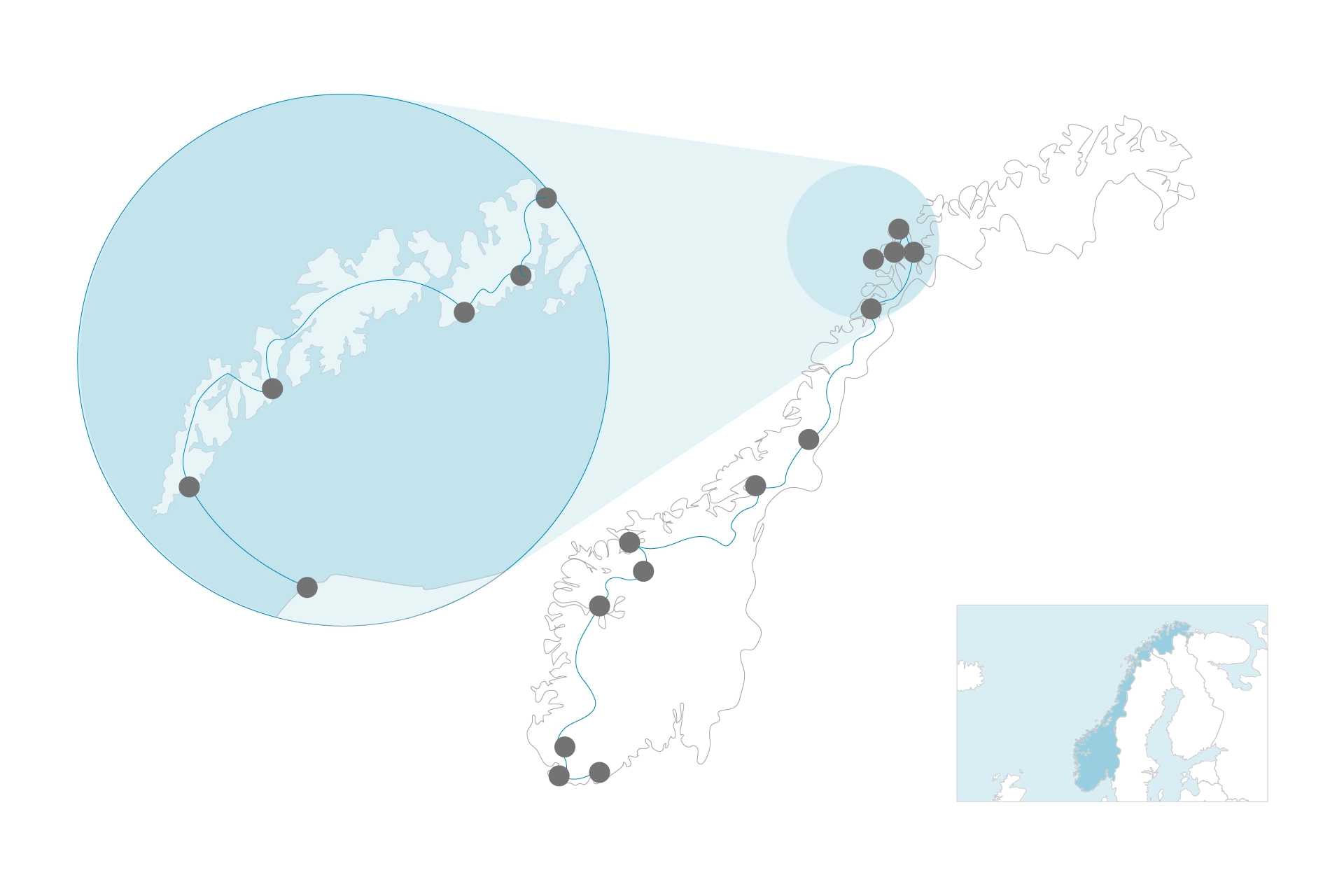 Travel sketch, showing a travel route in Norway with spots and connecting lines