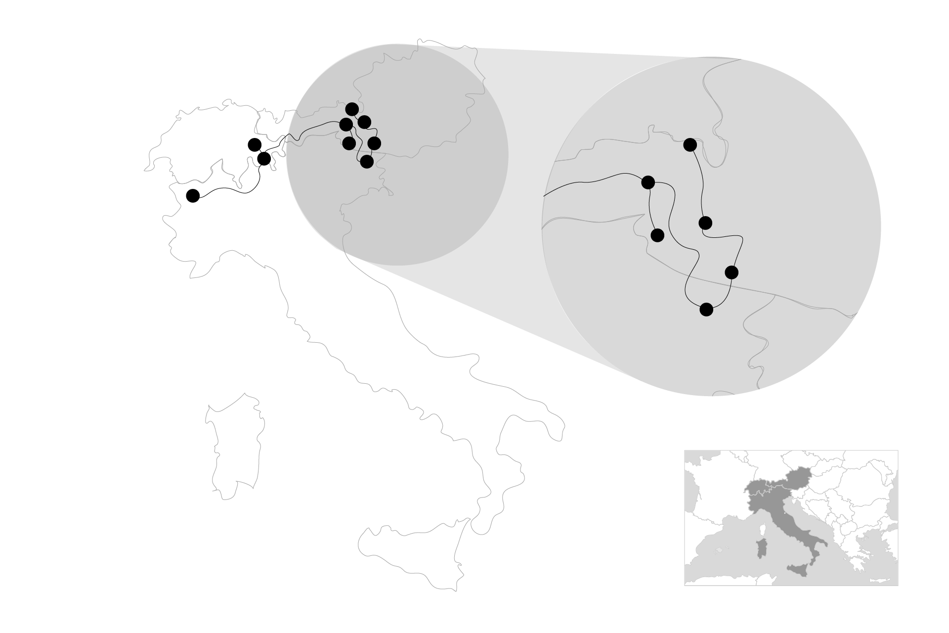 Travel sketch, showing a travel route in Norway with spots and connecting lines