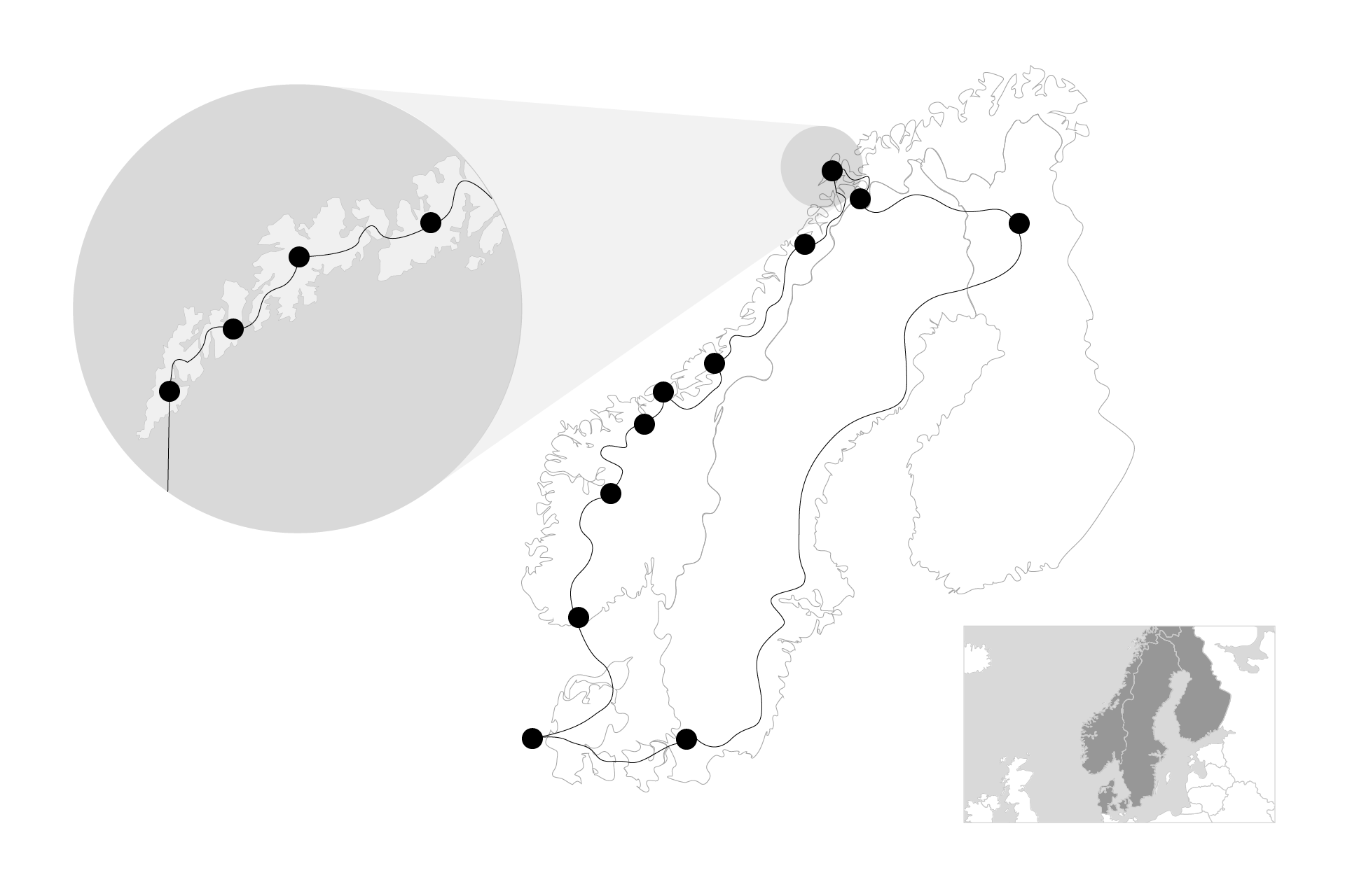 Travel sketch, showing a travel route in Norway with spots and connecting lines