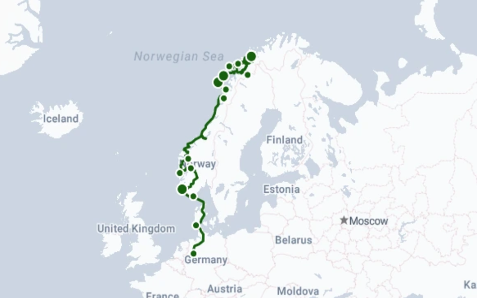 Carte de l'itinéraire de voyage, partant d'Allemagne et allant jusqu'en Norvège, avec un zoom sur l'Europe