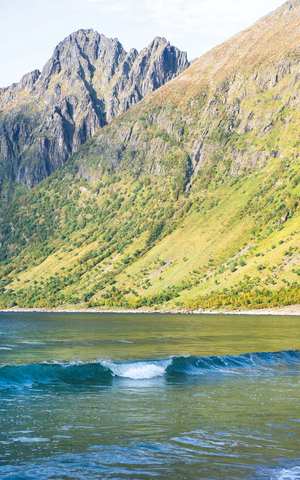Des vagues frappant l'eau, avec une montagne norvégienne en arrière-plan